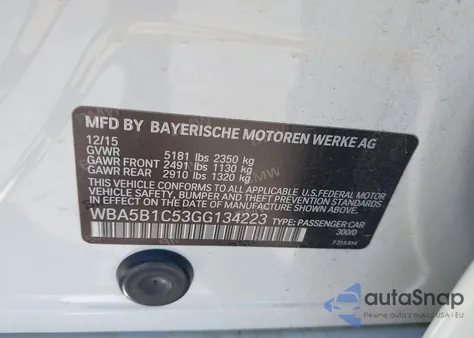 2016 BMW 535I из США, поврежденный, VIN WBA5B1C53GG134223